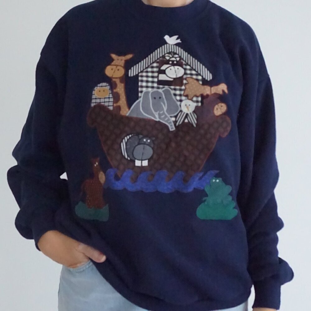 Vintage Jerzees Navy Noah's Ark Animal Elephant Giraffe Crewneck Sweatshirt L